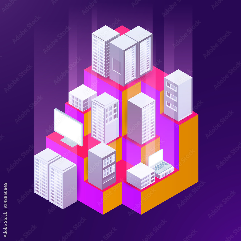 3d isometric concept big data center with server or hosting. Abstract design composition for website, banner, landing page. High technology vector illustration.