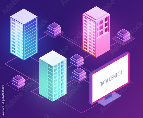 3d isometric concept big data center with server or hosting. Abstract design composition for website  banner  landing page. High technology vector illustration.
