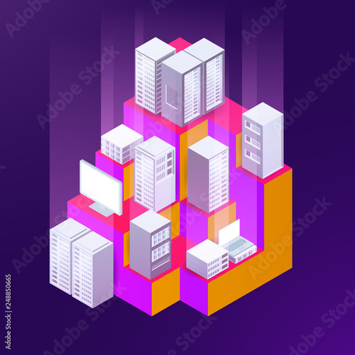 3d isometric concept big data center with server or hosting. Abstract design composition for website  banner  landing page. High technology vector illustration.
