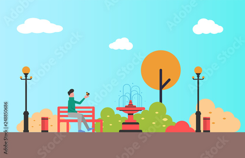 Fototapeta Naklejka Na Ścianę i Meble -  Man sitting on bench and holding bird in hands. Autumn landscape, fountain and color trees. Vector street lamp and bins, blue sky vector in flat design