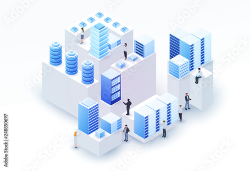 3d isometric concept big data center with server or hosting and peoples. Abstract design composition for website, banner, landing page. High technology vector illustration.