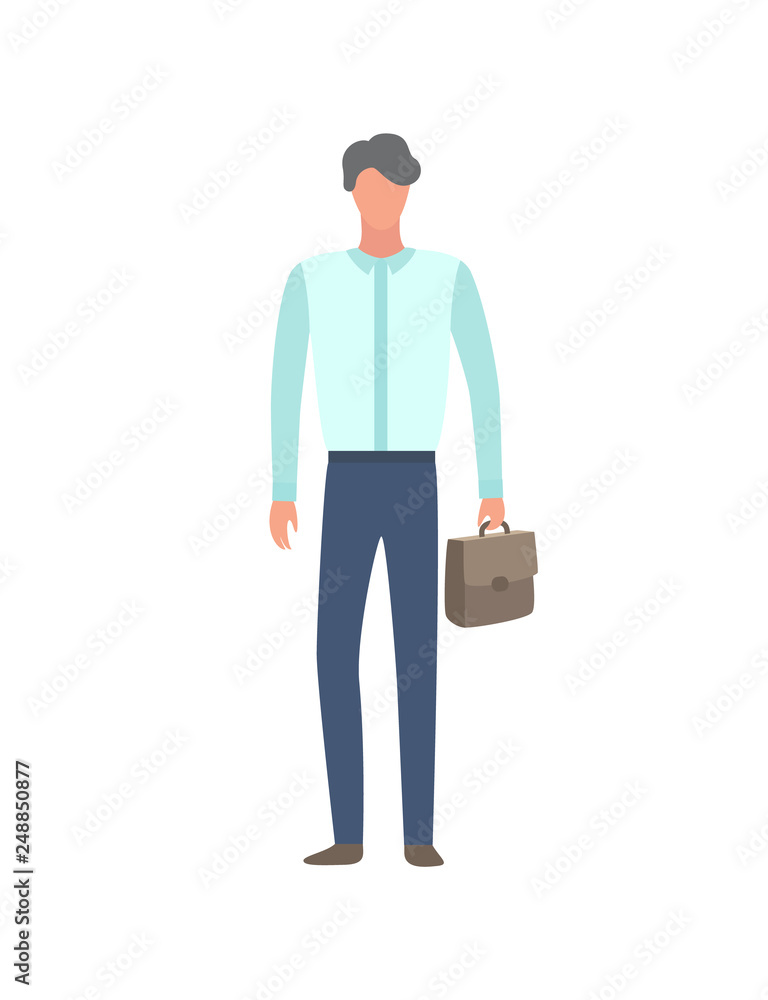 Consulting manager in flat design cartoon style vector person with portfolio briefcase. Financial analytic with male bag isolated on white, banking worker
