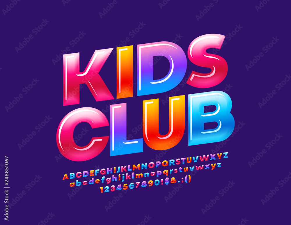 Vector glossy colorful logotype Kids Club. Rotated Sweet Alphabet Letters, Numbers and Symbols for Children. Cute bright Font.