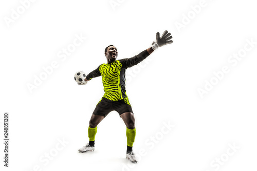 one soccer player goalkeeper man throwing ball. Silhouette isolated on white studio background © master1305