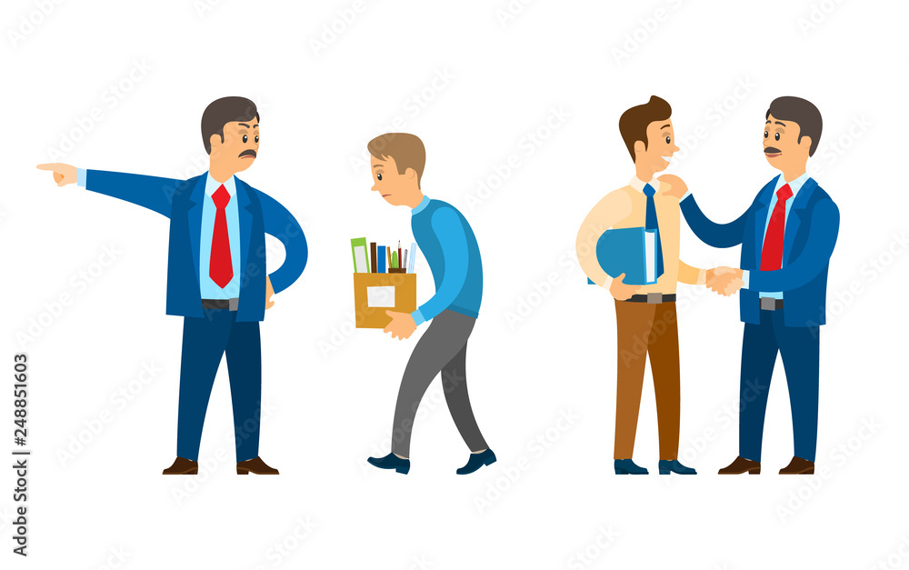 Obraz premium Boss firing office worker, sacked person with carton box vector. Chief executive with man, director praising novice holding files documentation report