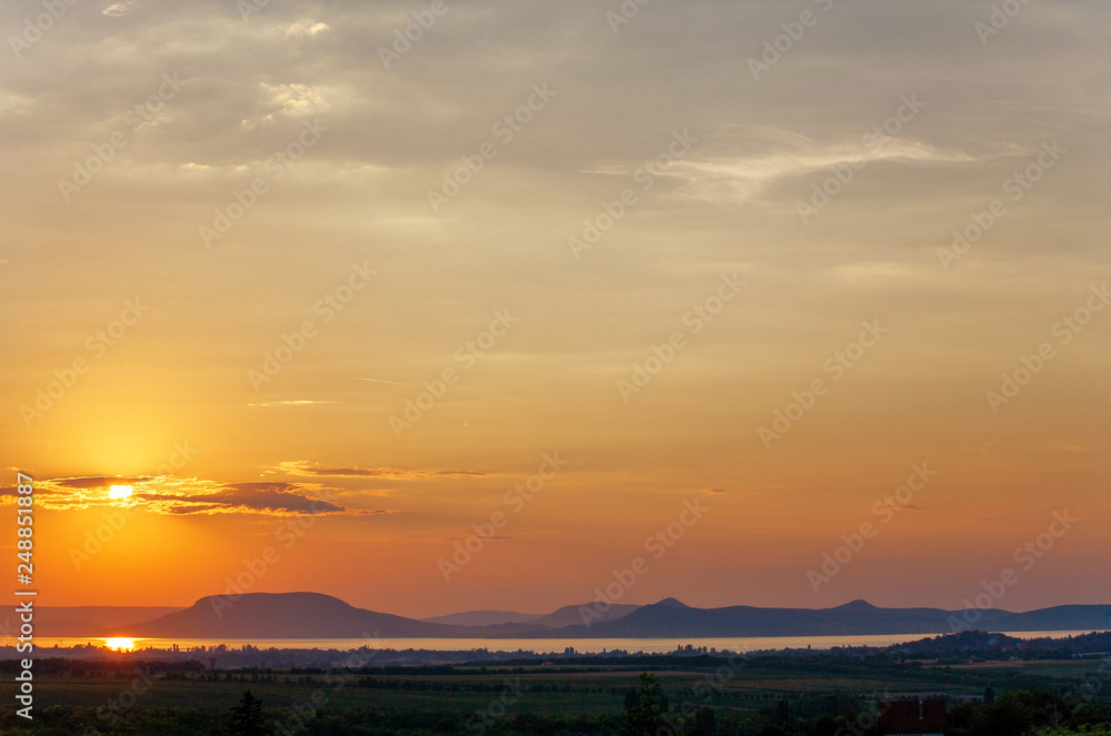 Sunset over Lake Balaton and Badacsony mountain in Hungary