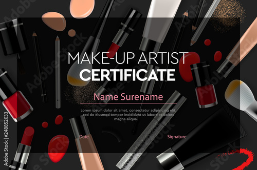 Certificate makeup artist, education, makeup school, vector illustration.