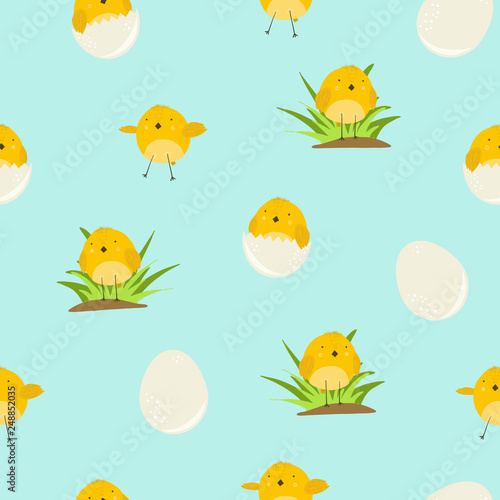 Cute blue cartoon seamless pattern with yellow chicken in grass, in eggs and flying. Childish turquoise birds texture for kids print design, spring Easter wrapping paper decor, textile, wallpaper