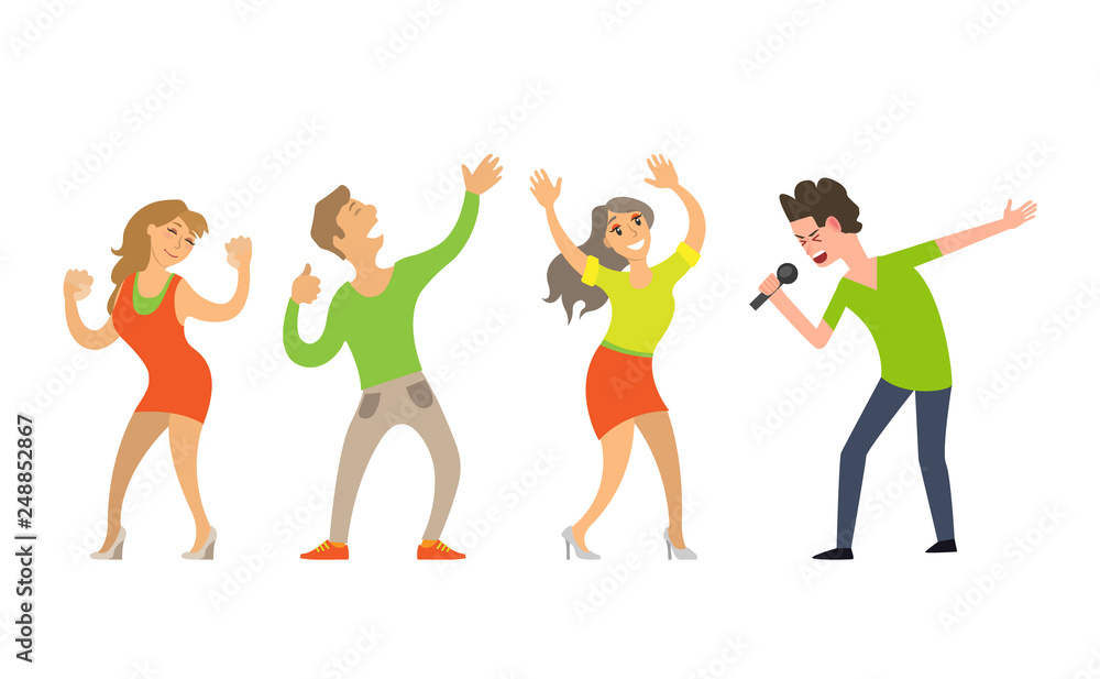 Man singing in microphone, people with hand up at night club, dancing and enjoying performance. Side view of artist and smiling dancers, karaoke vector Man singing in microphone, people with hand up at night club, dancing and enjoying performance. Side view of artist and smiling dancers, karaoke vector
