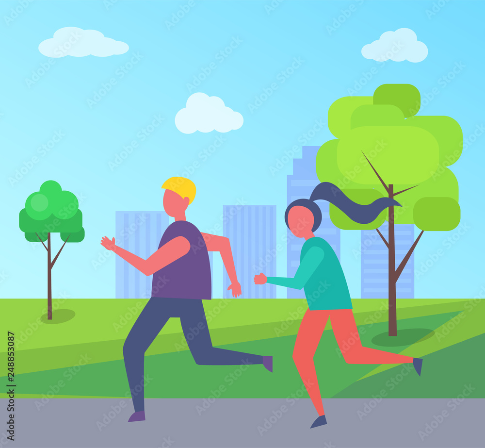 Young runners jogging in park on background of buildings and green trees. Man and woman joggers running together, happy couple outdoors vector illustration Young runners jogging in park on background of buildings and green trees. Man and woman joggers running together, happy couple outdoors vector illustration