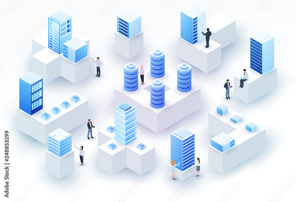 3d isometric concept big data center with server or hosting and peoples. Abstract design composition for website, banner, landing page. High technology vector illustration. - obrazy, fototapety, plakaty 
