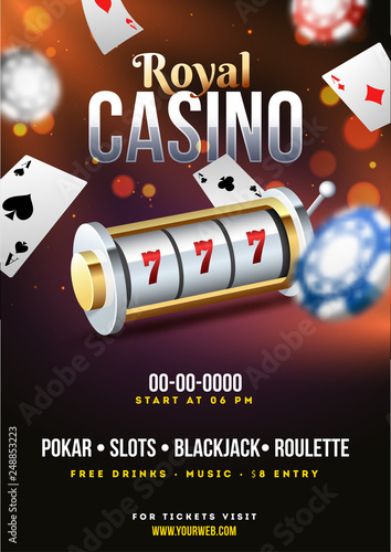 3D illustration of slot machine with casino chips and playing cards for Royal Casino party template design.