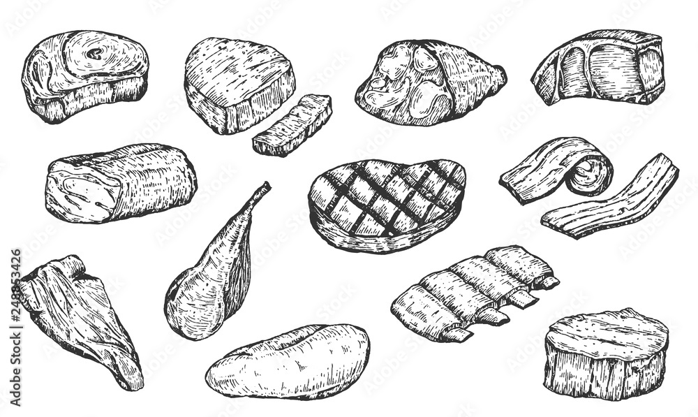 Set of hand drawn sketch meat products isolated on white background. Vector vintage retro illustration. Set of hand drawn sketch meat products isolated on white background. Vector vintage retro illustration.