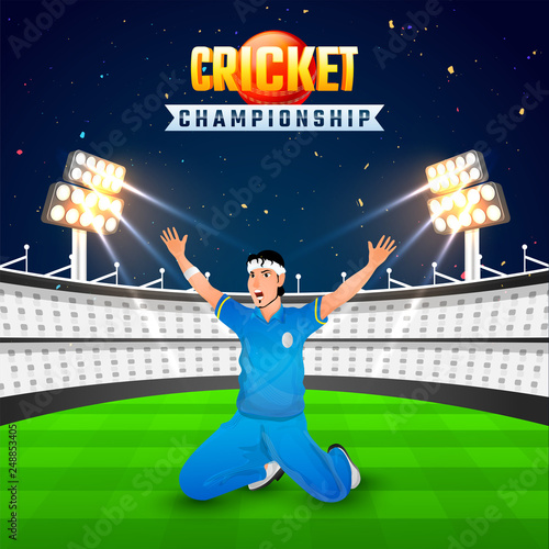 Vector illustration of cricket player in winning pose on night view stadium background for Cricket Championship template design.