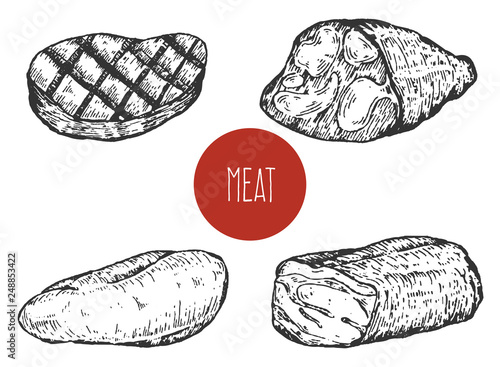 Set of hand drawn sketch meat products isolated on white background. Vector vintage retro illustration.