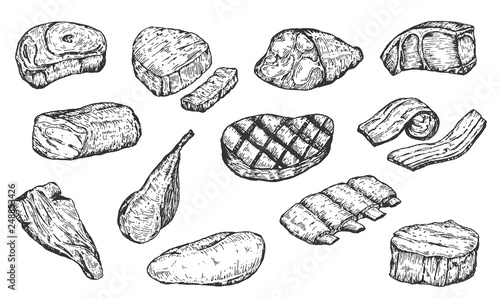 Set of hand drawn sketch meat products isolated on white background. Vector vintage retro illustration.