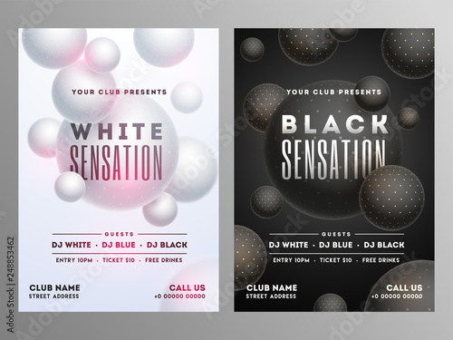 White and black sensation party flyer with time date and venue details.