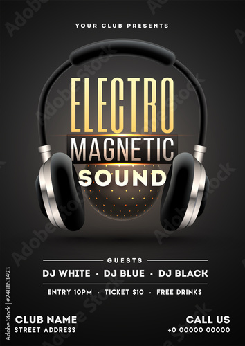 Realistic headphone illustration on black background for Electro Magnetic Sound party template design.