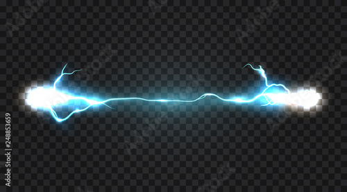 Realistic electric discharge, energy flow or lightning blast isolated on transparent background. Vector illustration.