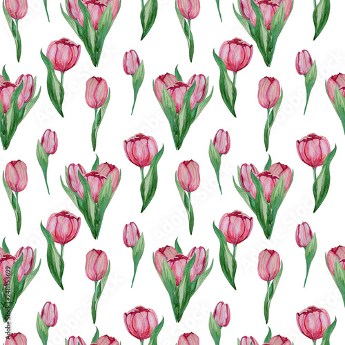 Hand drawn Watercolor tulips seamless pattern.