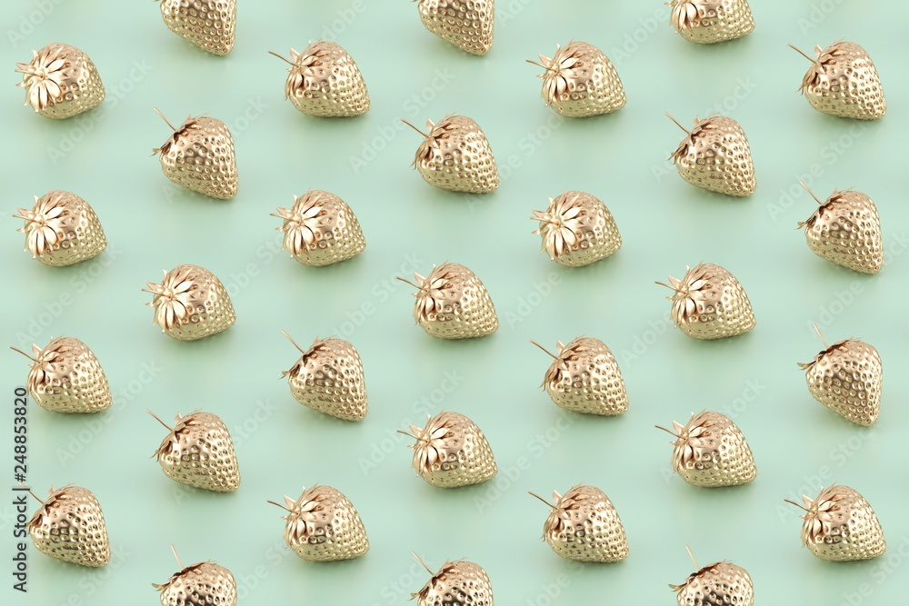 Minimal fruit pattern. Golden strawberries on mint green background. 3D Rendering. Minimal fruit pattern. Golden strawberries on mint green background. 3D Rendering.