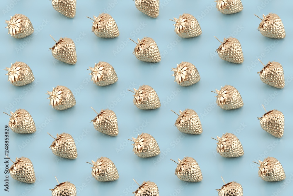 Minimal fruit pattern. Golden strawberries on pastel blue background. 3D Rendering. Minimal fruit pattern. Golden strawberries on pastel blue background. 3D Rendering.