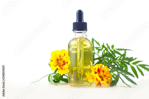 marigold essential oil in  beautiful bottle on White background