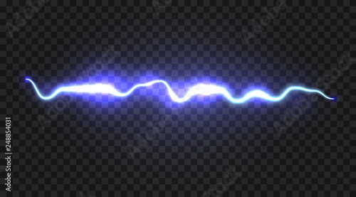 Realistic electric discharge, energy flow or lightning blast isolated on transparent background. Vector illustration.