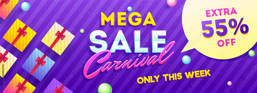 Carnival sale header or banner design with 55% discount offer and gift boxes illustration. Carnival sale header or banner design with 55% discount offer and gift boxes illustration.
