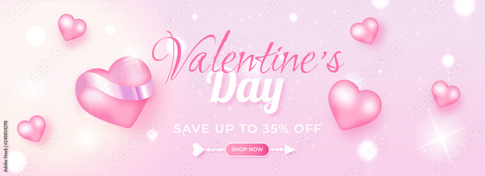 Realistic heart shapes with 35% discount offer on shiny pink bokeh background for Valentine's Day sale banner design.