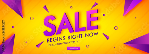 Sale text with geometric element on orange stripe background for advertising banner design.