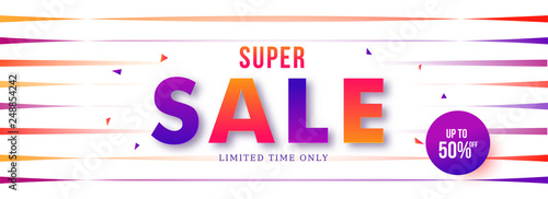 Super sale banner or poster design with 50% discount offer on colourful strip background.
