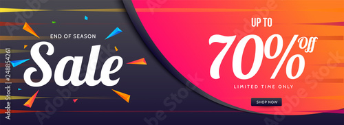 Advertising sale banner or poster design with 70% discount offer on colourful stripes background.