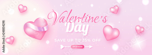 Realistic heart shapes with 35% discount offer on shiny pink bokeh background for Valentine's Day sale banner design.