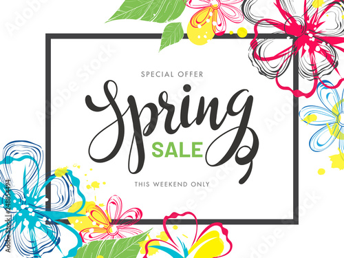 Spring Sale banner or poster design decorated with creative flowers on white background.