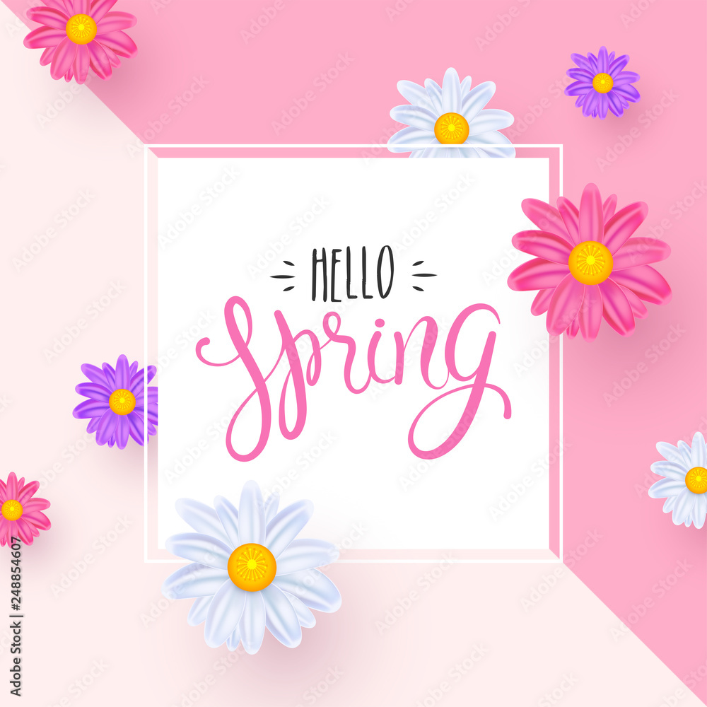 Hello Spring greeting card design decorated with colorful daisy flowers on pink background.