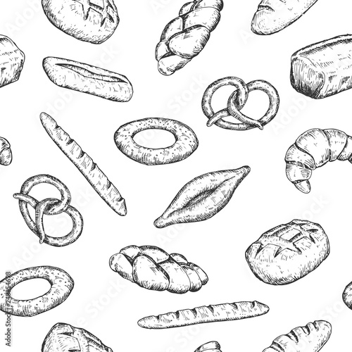 Cartoon seamless pattern with different bakery products. Vintage retro vector background.