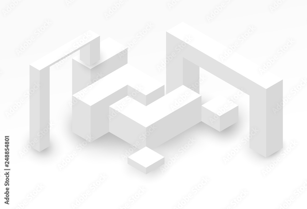 Abstract isometric background with white geometric shapes. Minimalistic modern composition. Vector illustration. Abstract isometric background with white geometric shapes. Minimalistic modern composition. Vector illustration.