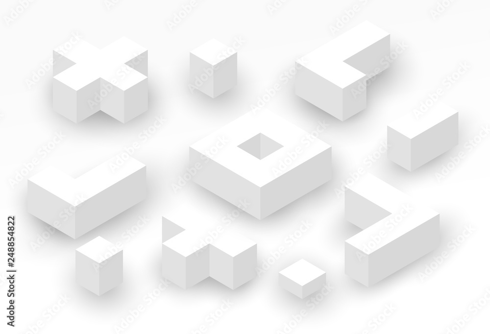 Abstract isometric background with white geometric shapes. Minimalistic modern composition. Vector illustration. Abstract isometric background with white geometric shapes. Minimalistic modern composition. Vector illustration.