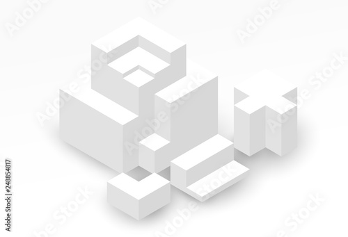 Abstract isometric background with white geometric shapes. Minimalistic modern composition. Vector illustration.