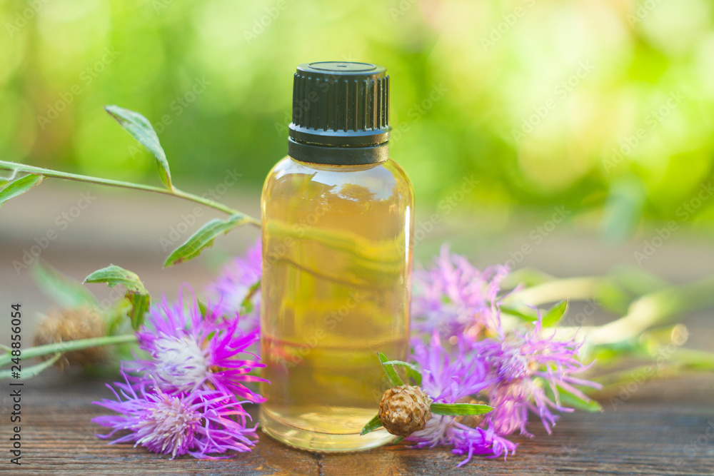 Essence of lavender flowers on table in beautiful glass Bottle Essence of lavender flowers on table in beautiful glass Bottle