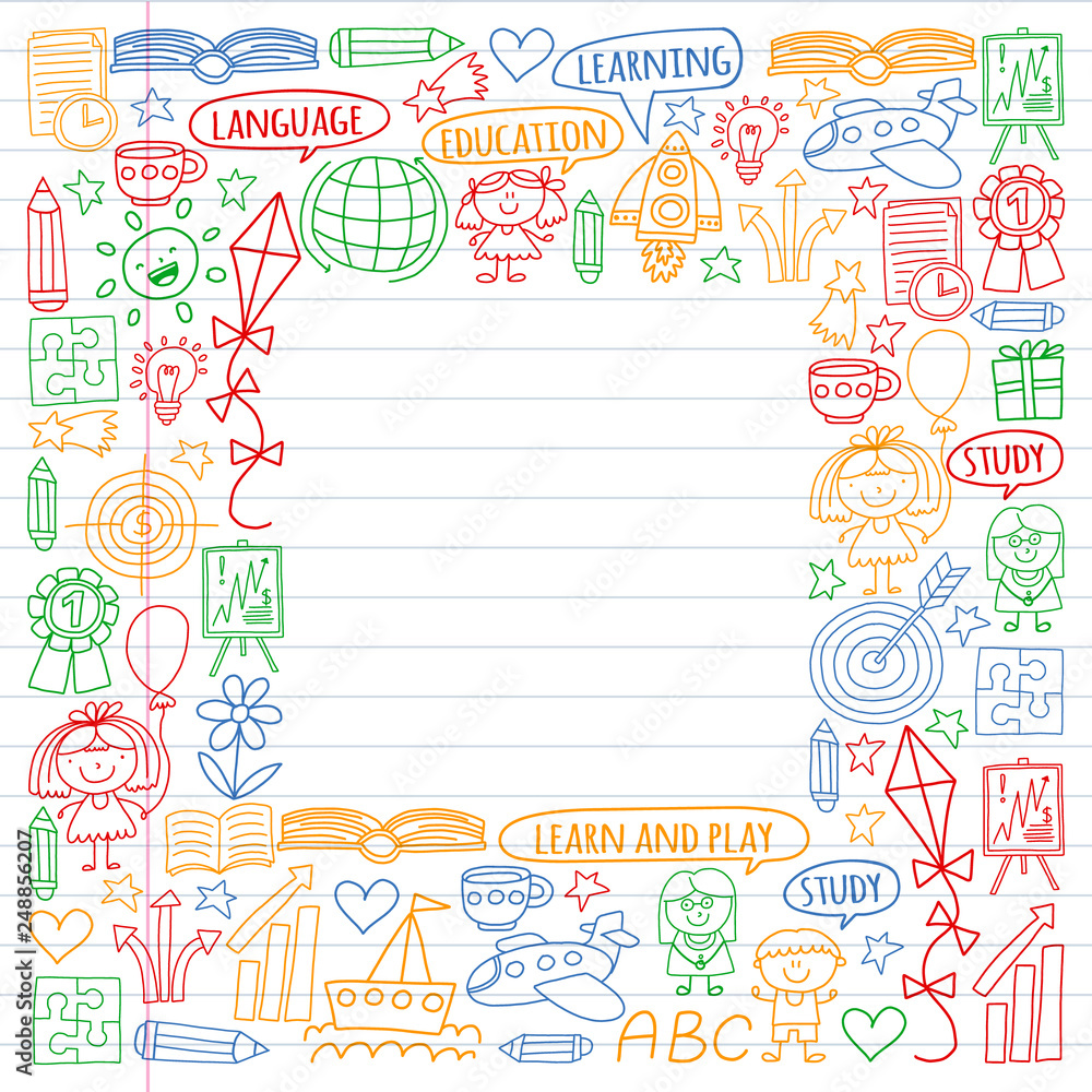 Vector set of learning English language, children's drawingicons icons in doodle style. Painted, colorful, pictures on a piece of linear paper on white background.