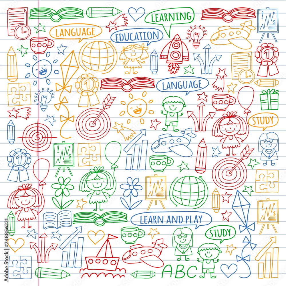 Vector set of learning English language, children's drawingicons icons in doodle style. Painted, colorful, pictures on a piece of linear paper on white background.
