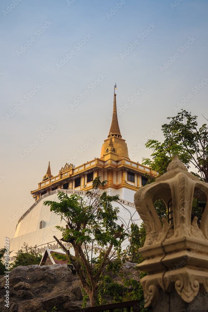 Beautiful view of Wat Saket Ratcha Wora Maha Wihan (Wat Phu Khao Thong, Golden Mount temple), a popular Bangkok tourist attraction and has become one of the symbols of the city.