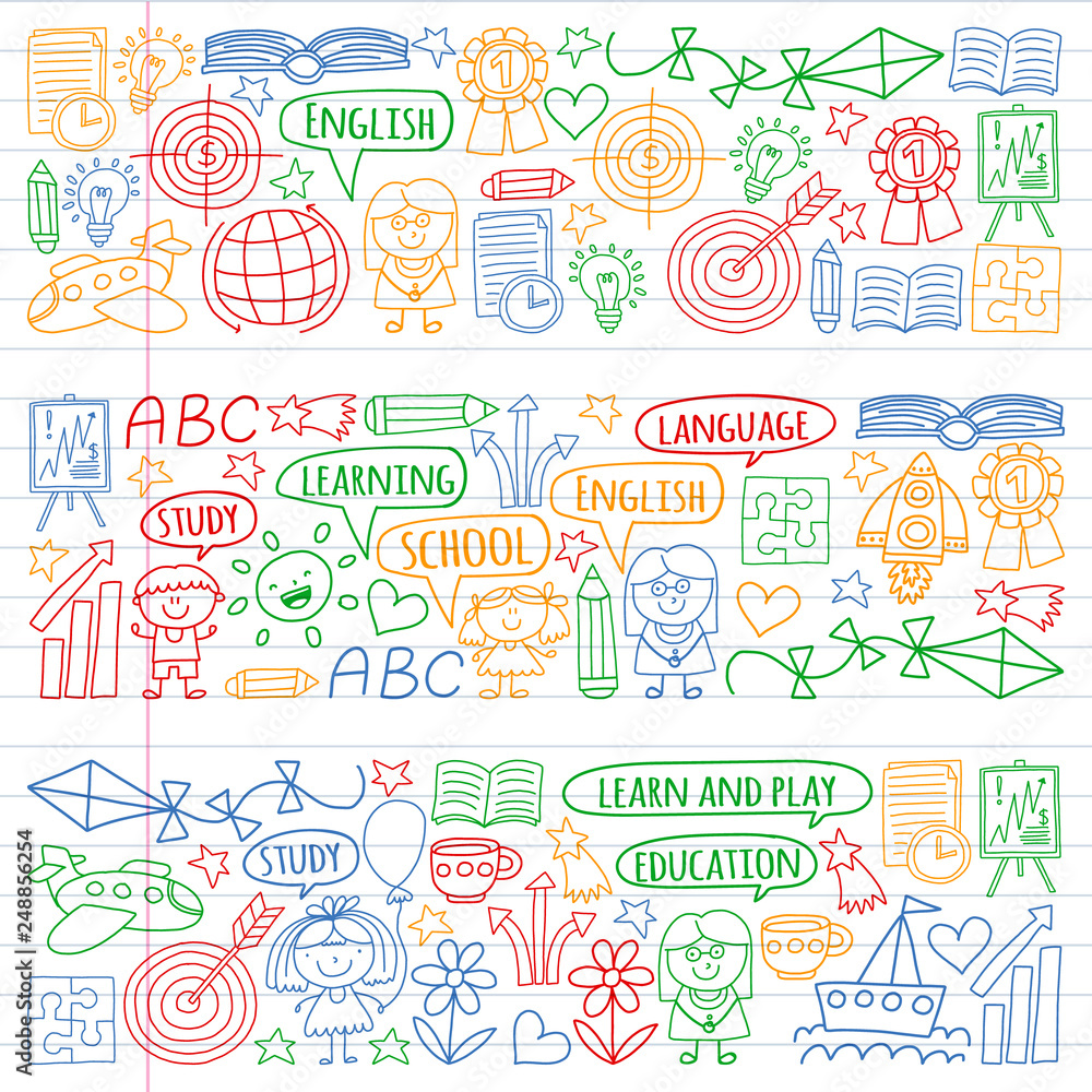 Vector set of learning English language, children's drawingicons icons in doodle style. Painted, colorful, pictures on a piece of linear paper on white background.