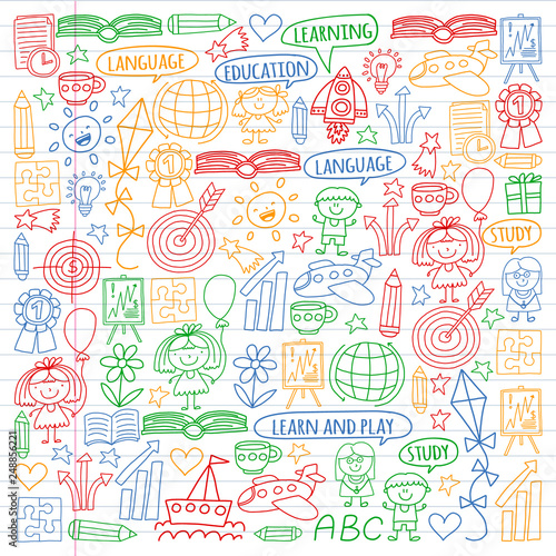 Vector set of learning English language  children s drawingicons icons in doodle style. Painted  colorful  pictures on a piece of linear paper on white background.