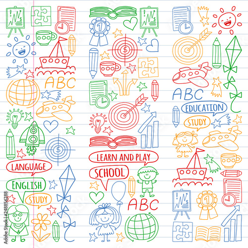 Vector set of learning English language, children's drawingicons icons in doodle style. Painted, colorful, pictures on a piece of linear paper on white background.
