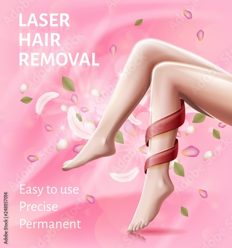Laser Hair Removal Device. Easy to Use. Advertising Banner for Woman. Smooth Skin. Red Ribbon around Leg. Female Beauty Salon and Cosmetology. Precise and Permanent Procedure Concept. Vector EPS 10.
