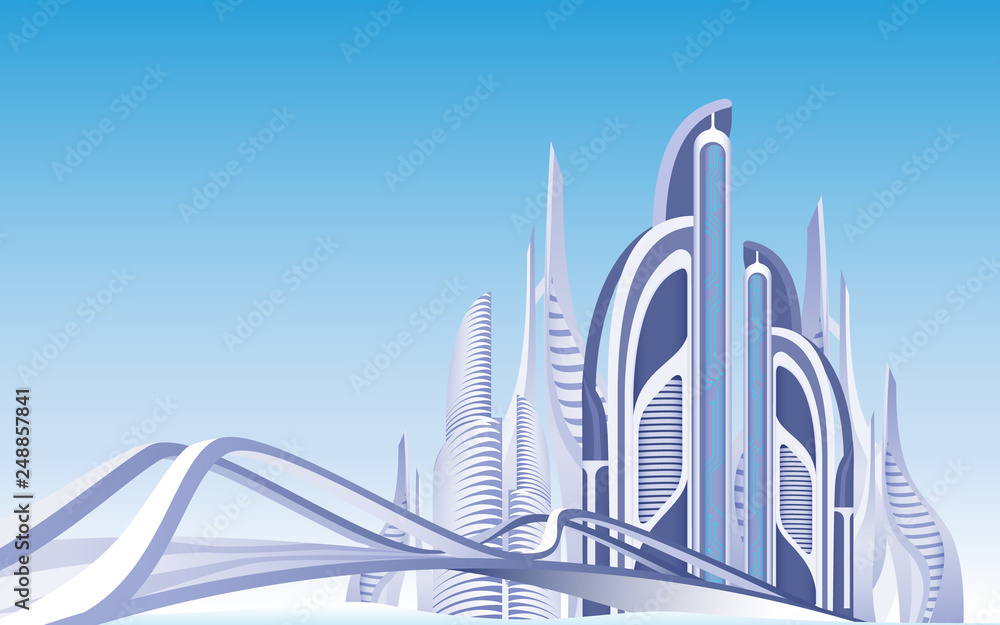 Futuristic Town. Urban View. Skyscrapers. Modern Architecture. Towers and Buildings Exterior. Blue Sky Background. Daytime Cityscape. Bridge to City District. Metropolis Infrastructure. Vector EPS 10.