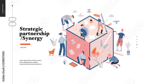 Technology 3 -Strategic Partership - Synergy flat vector concept digital illustration partnership and synergy metaphor. Business workflow and team management Creative landing web page design template